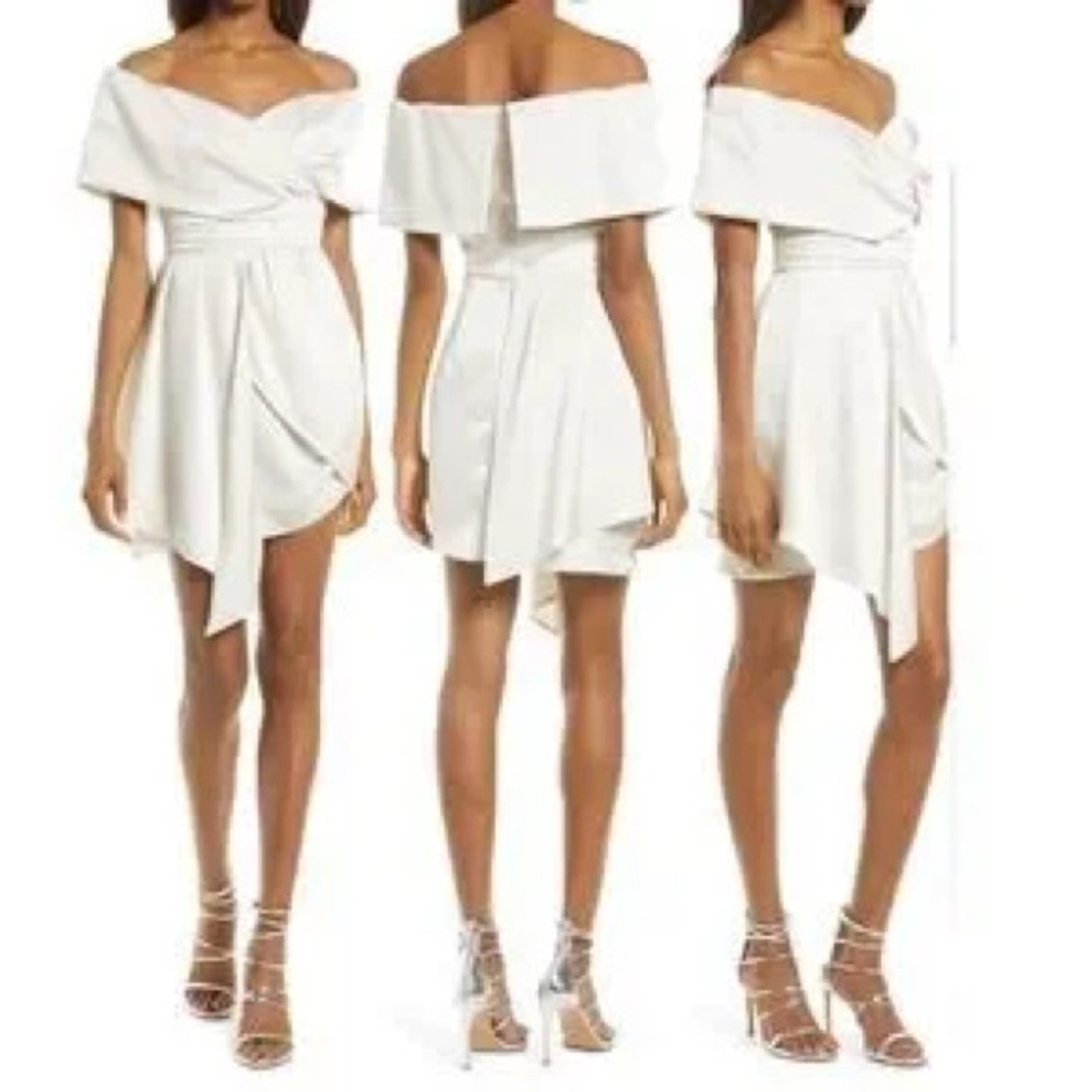 Lulu’s Always Celebrating Ivory Off-Shoulder Satin Dress, Size Large - Picture 3 of 8
